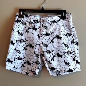 Women's Cotton Chino Short White Blue Floral Print Lee Comfort Waist Size 4, EUC